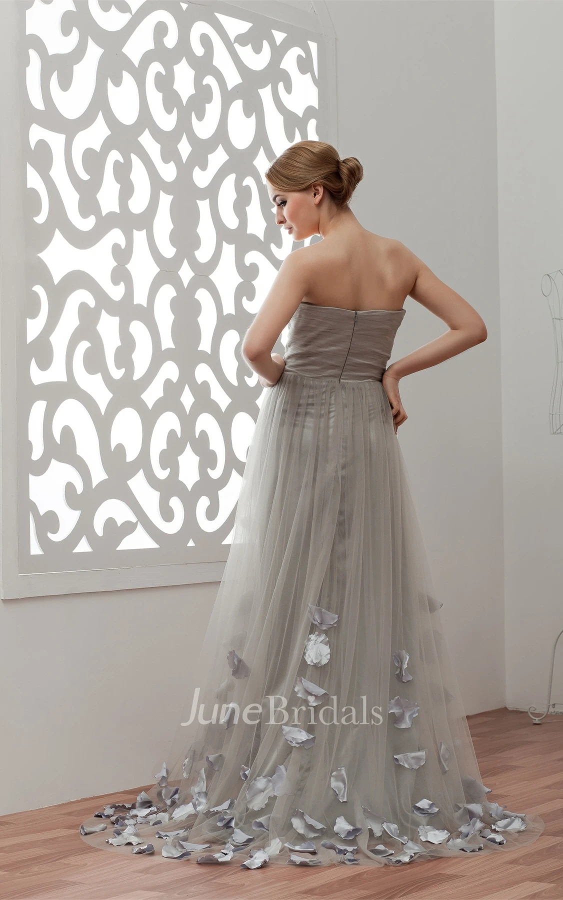 Strapless Tulle Floor-Length Gown with Flower and Pleats