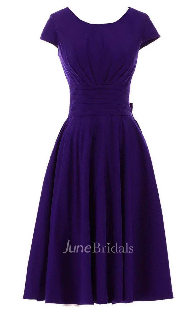 Scoop-neck Short-sleeve Fuffle A-line Bridal Dress