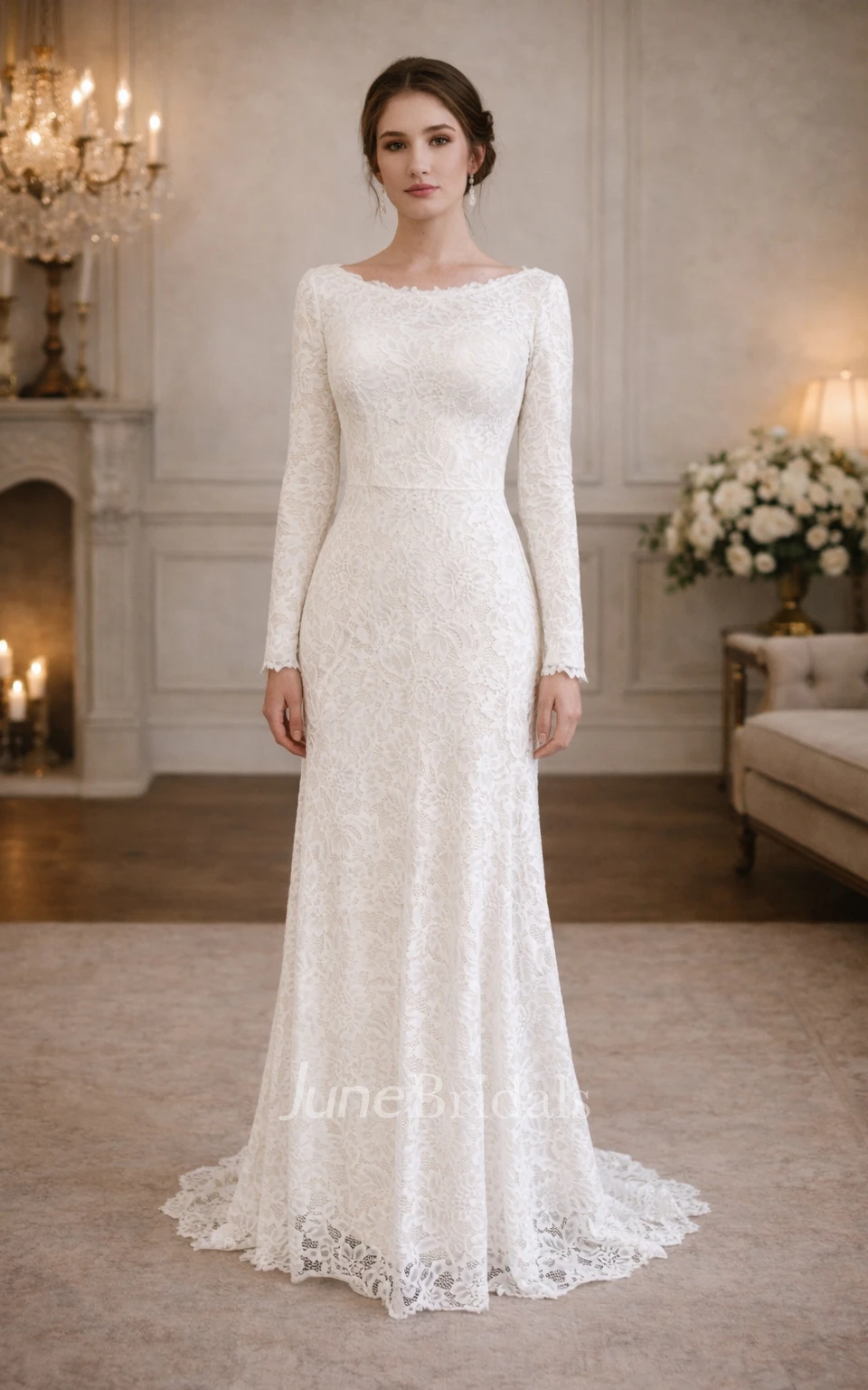 Modest Long Sleeves Civil Wedding Dress Vintage Sheath A-line Lace Bridal Gown