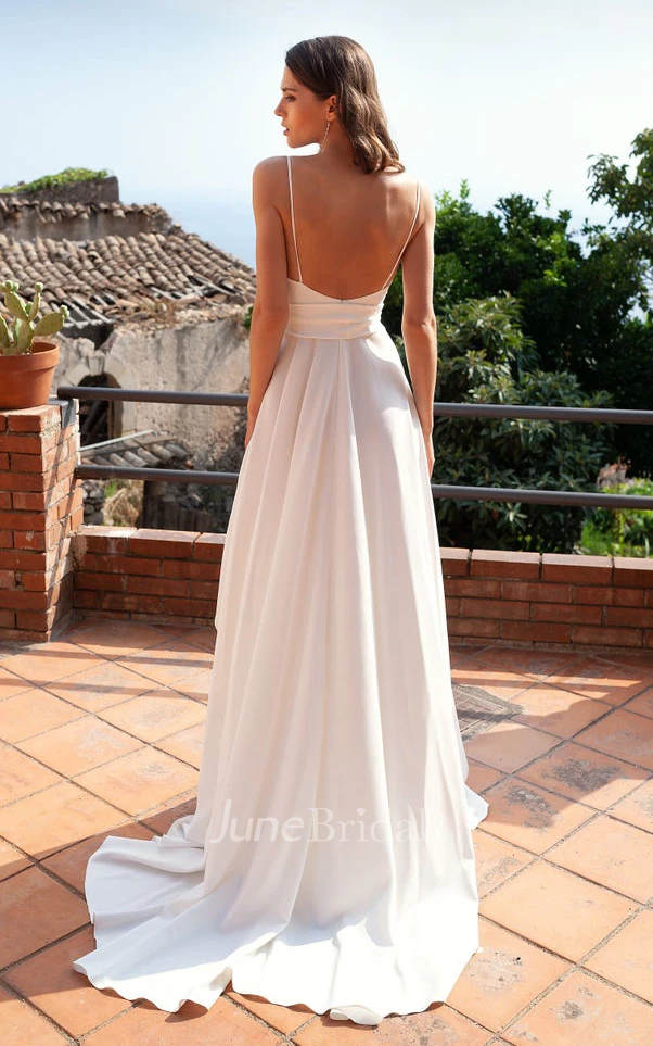 Informal A Line Satin Spaghetti V-neck Sleeveless Prom Dress with Ruffles and Sash