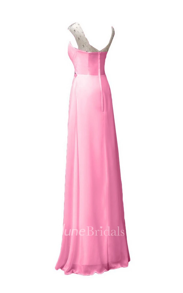 Sleeveless Long Ruffled Chiffon Dress With Beaded Neck