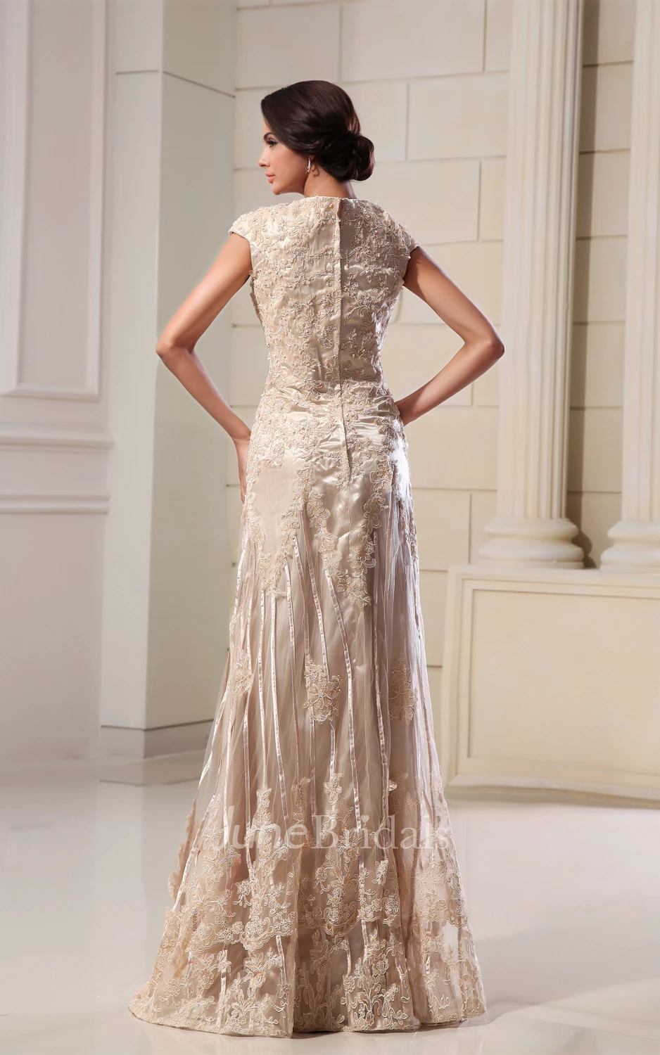 Romantic High-Neck Column Maxi Dress With Lace Appliques