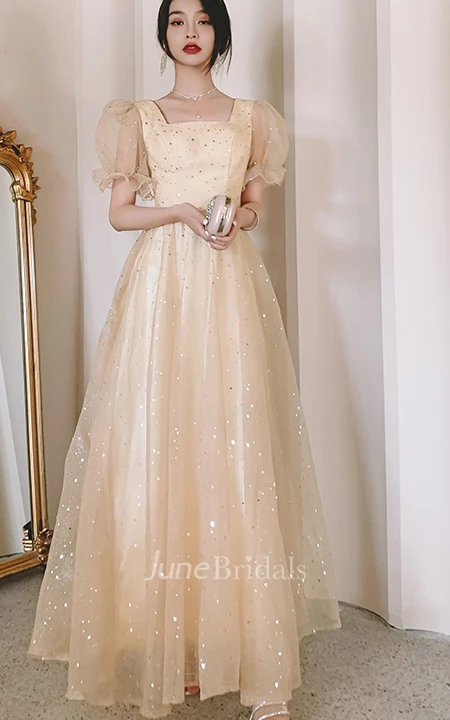 Vintage Tulle Square V-neck Queen Anne A Line Evening Formal Dress With Beading