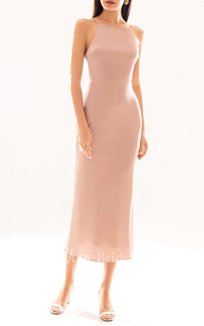 Tea-length Sheath Casual Spaghetti Neck Satin Cocktail Dress