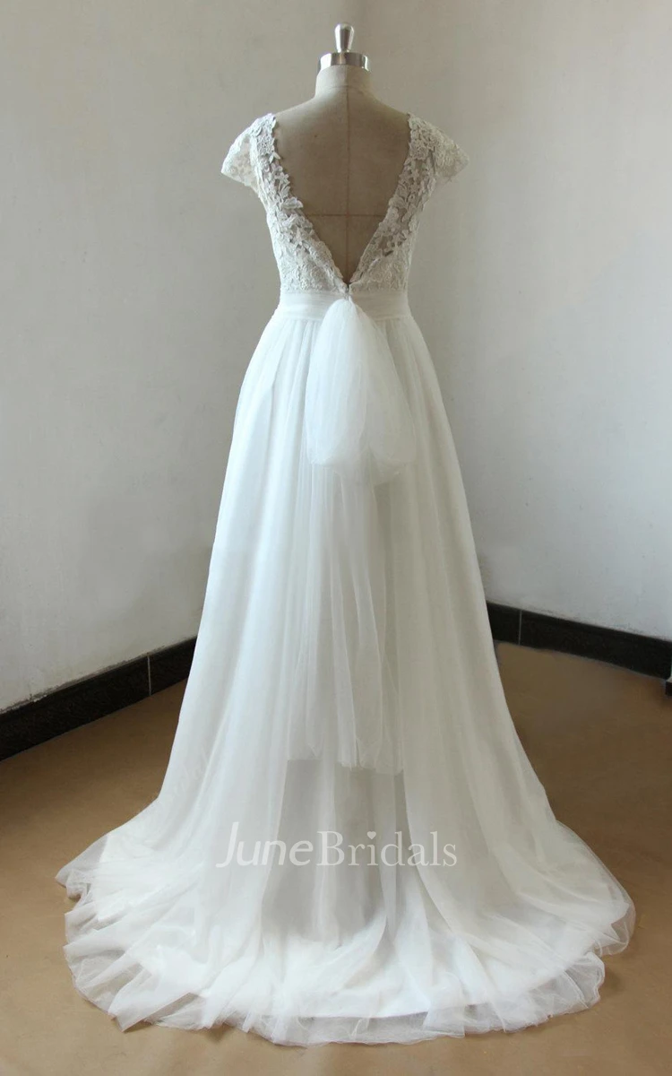 A-Line Cap Sleeve Tulle Lace Satin Weddig Dress