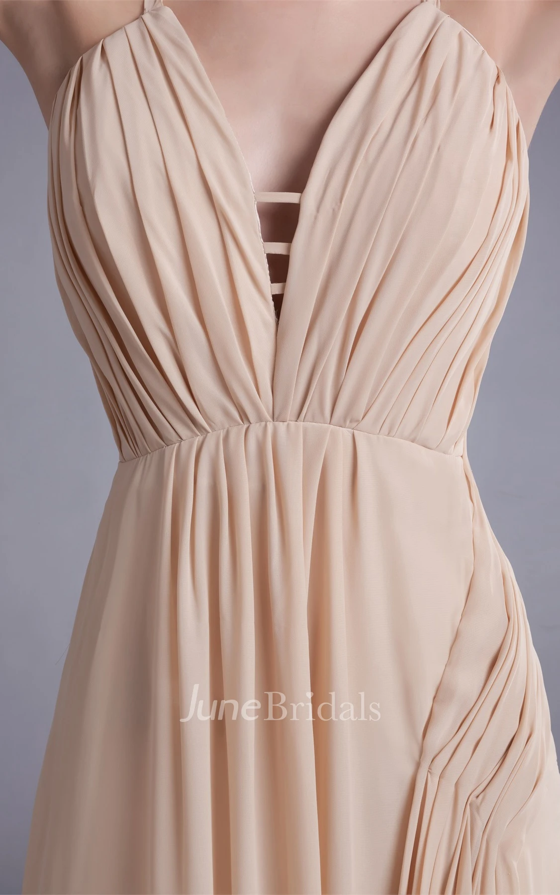 spaghetti-strap maxi chiffon dress with brush train and draping