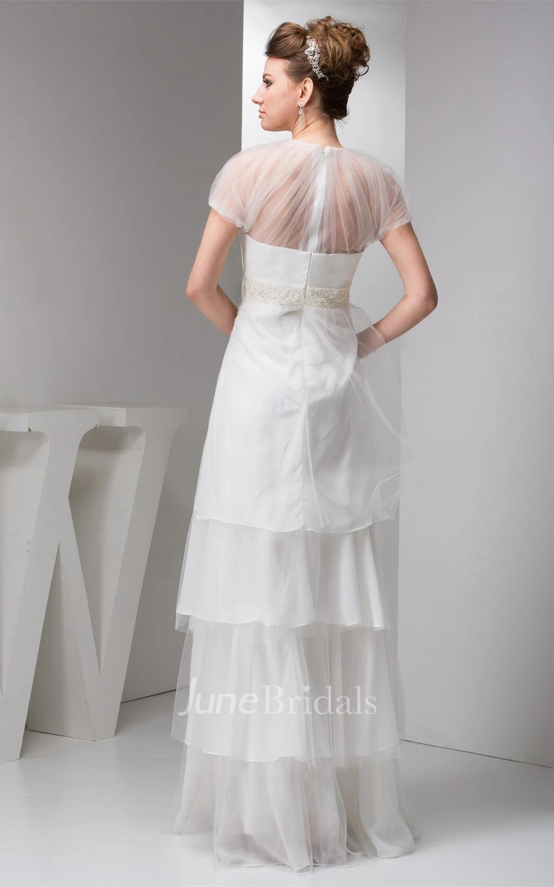 Short-Sleeve Tulle Tiered A-Line Dress with Illusion and Beaded Waist