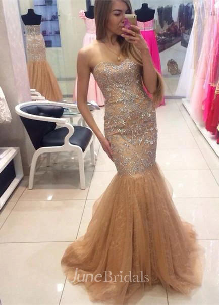 Glamorous Sweetheart Beadings Mermaid Evening Dresses Tulle Zipper Back