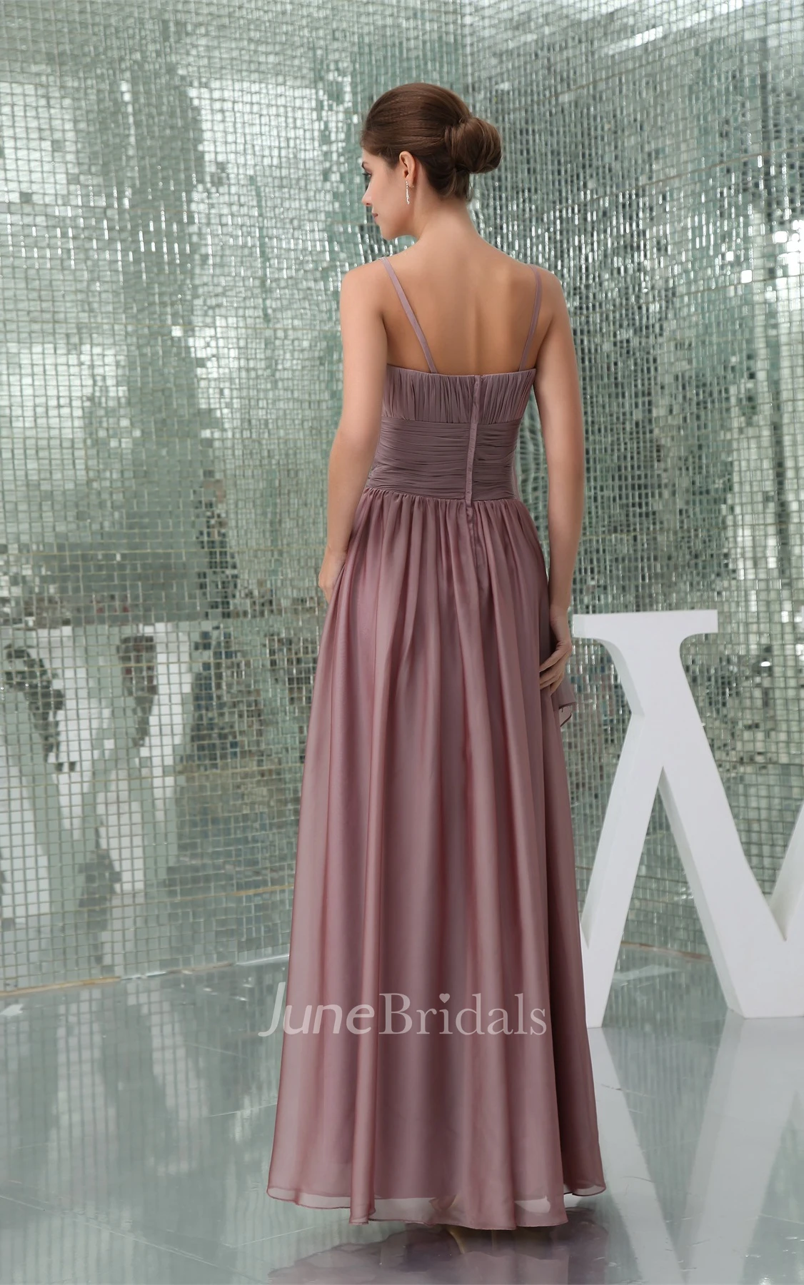 Spaghetti-Straps Side Draping Ankle-Length Ruched Gown with Ruffles and Flower