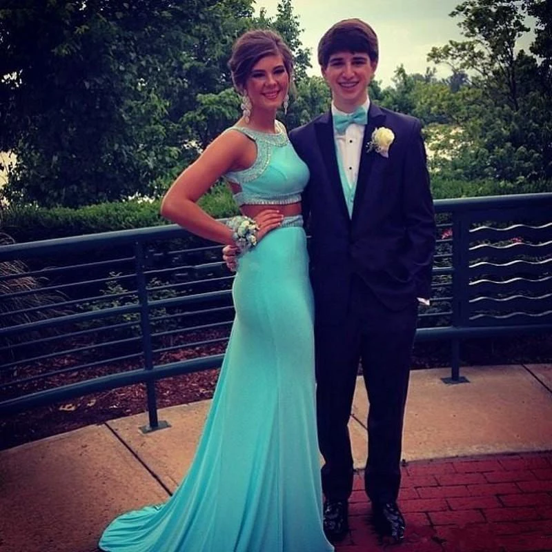 Sexy Two Piece Mermaid Beadings Prom Dress Jewel Sweep Train Sleeveless