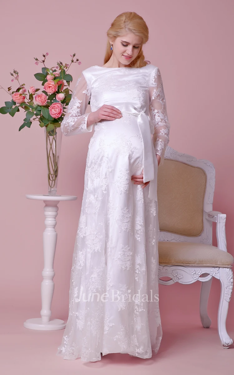 Bateau Neck Long-sleeved Lace Maternity Wedding Dress With Scoop Back