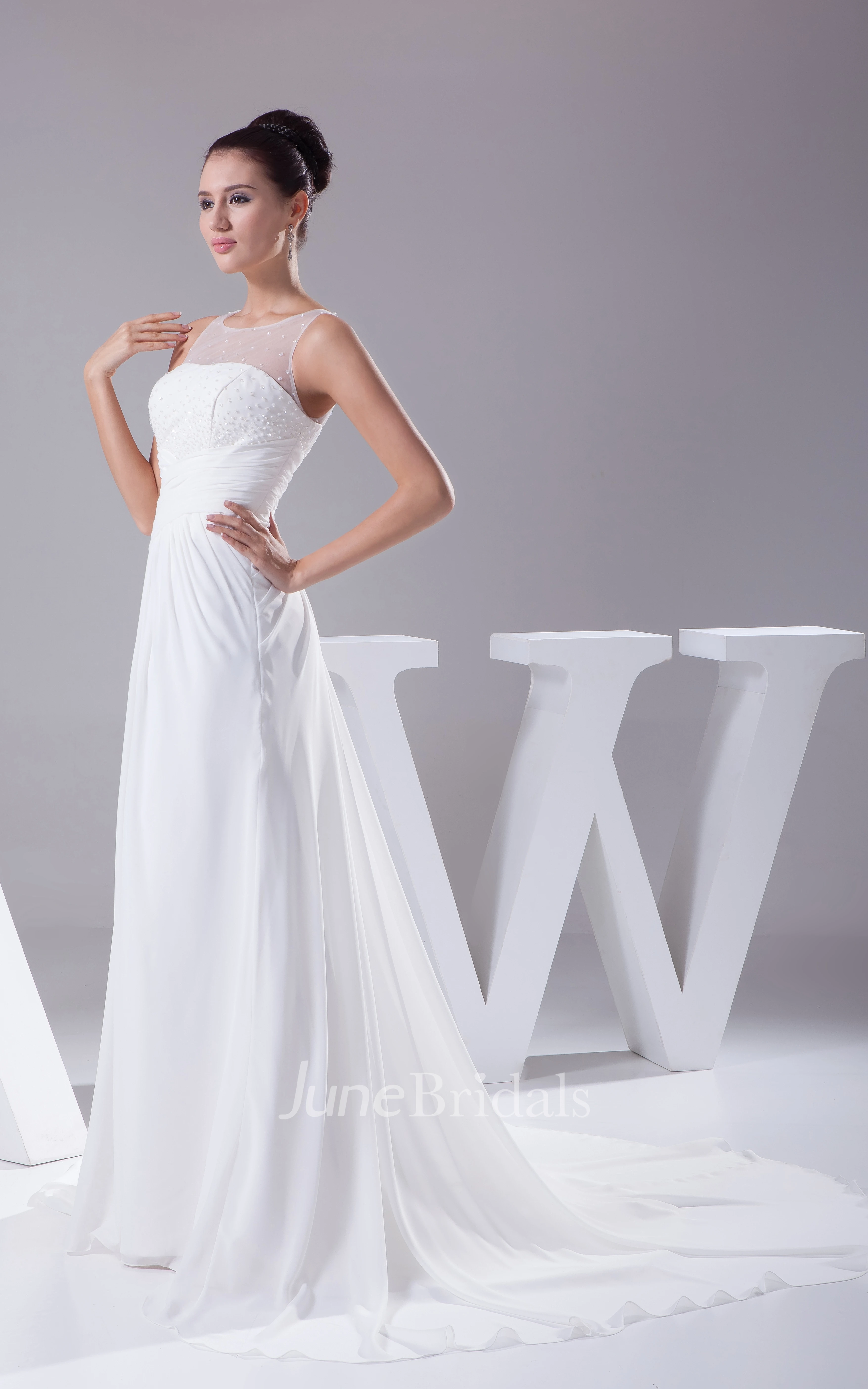 Illusion-Neck Criss-Cross Ruched Chiffon Dress With Beading