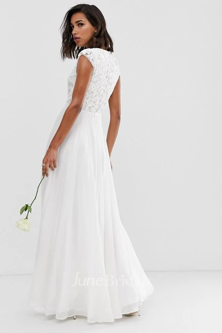 Ethereal Chiffon and Lace Sheath Cap Sleeve Wedding Dress