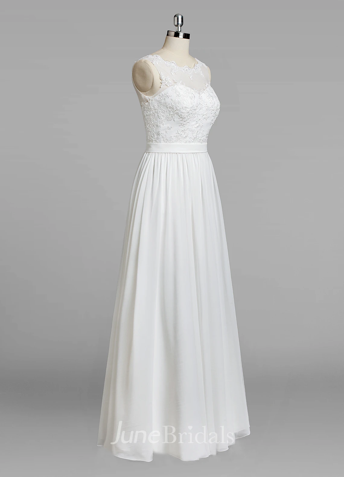 Jewel Neck Sleeveless A-Line Chiffon Skirt Lace Bodice Wedding Dress
