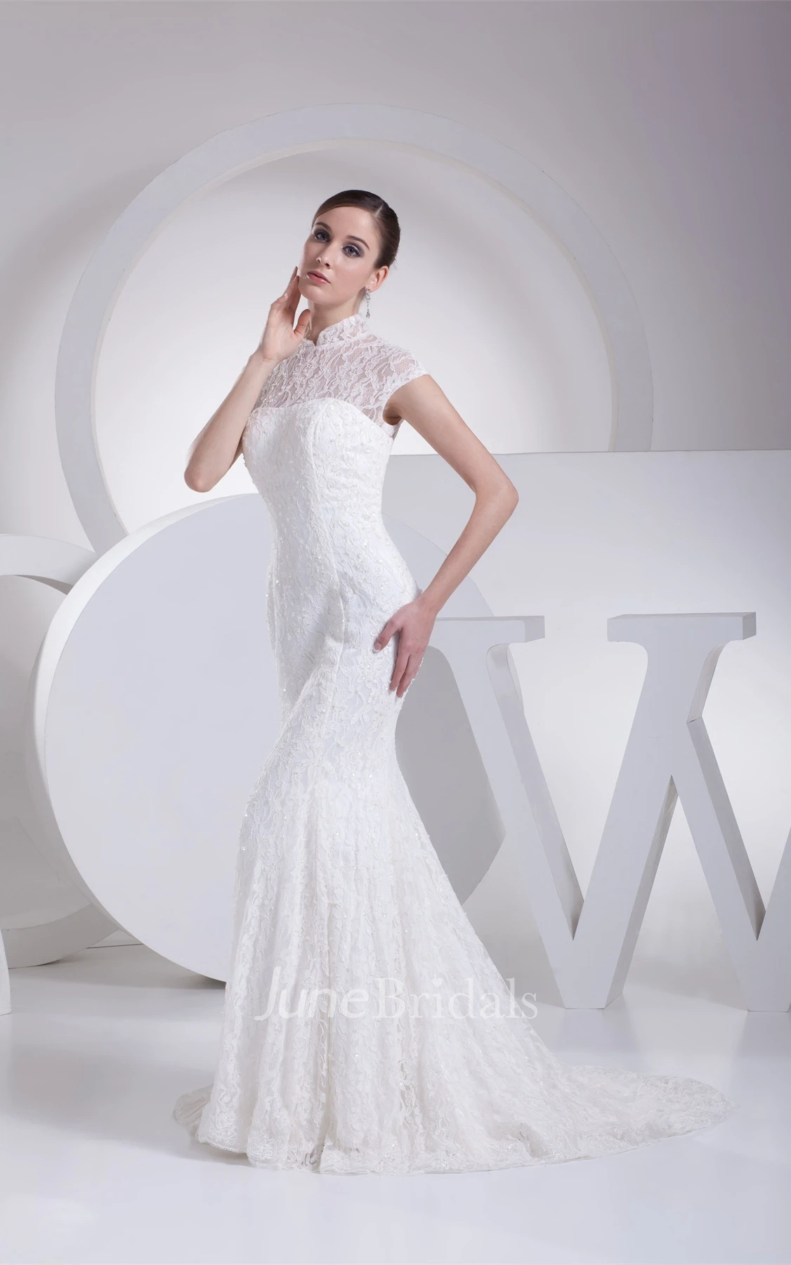 Lace Mermaid Pleated Dress with Illusion Neckline and Brush Train