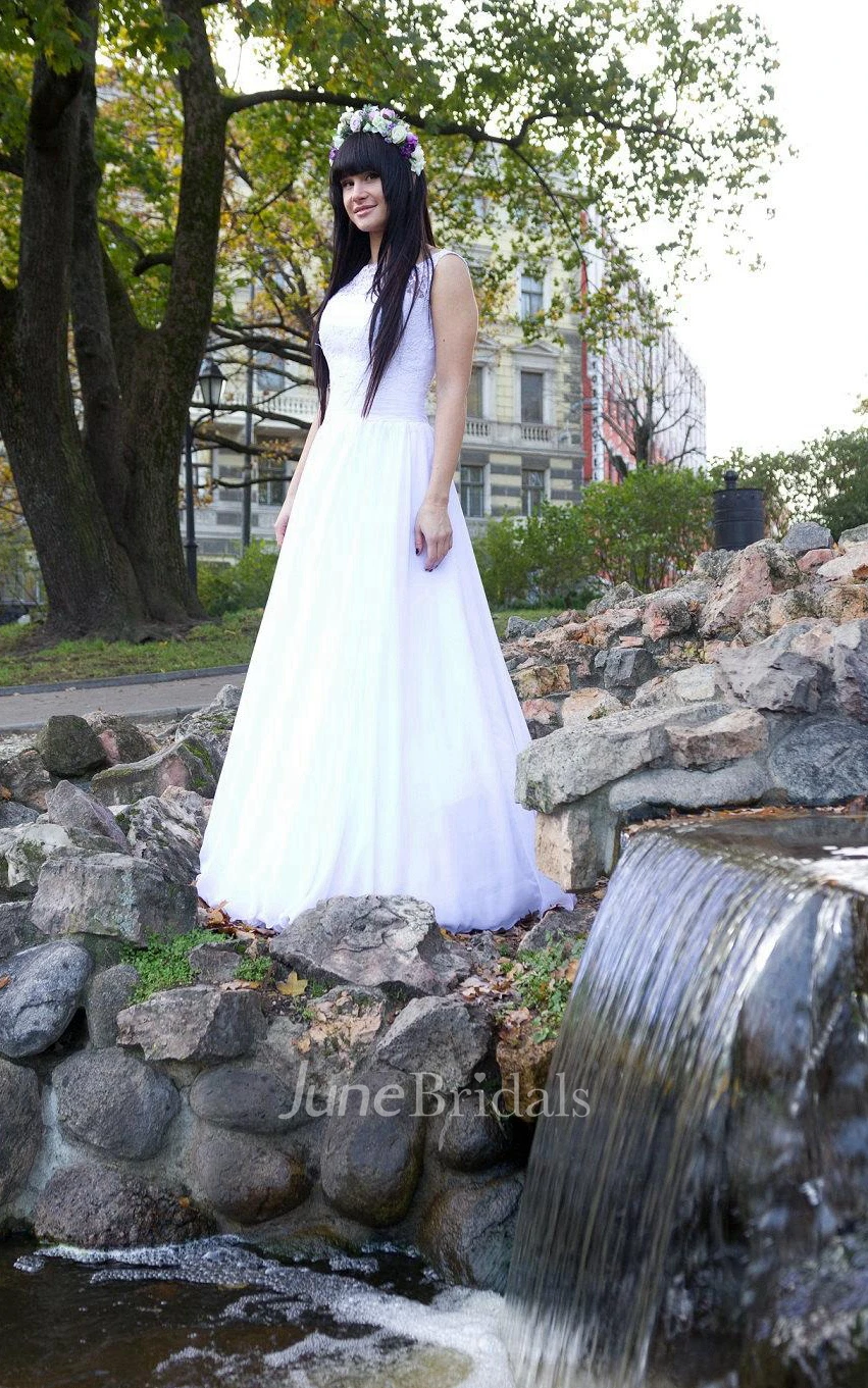 Bateau Neck Sleeveless A-Line Chiffon Dress With Lace Bodice