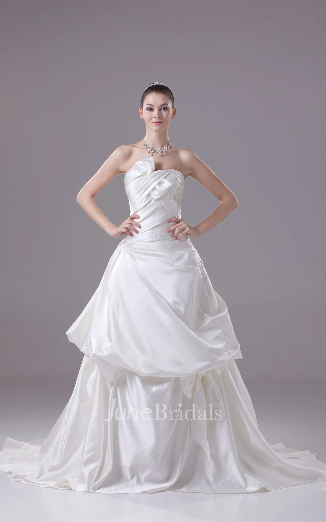 Strapless Pick-Up A-Line Gown with Bow Criss-Cross Ruching
