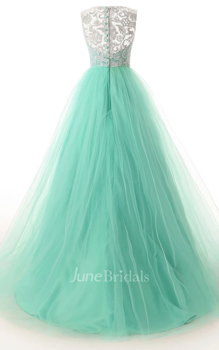 Scoop Necline Lace Bodice Dress With Tulle Skirt