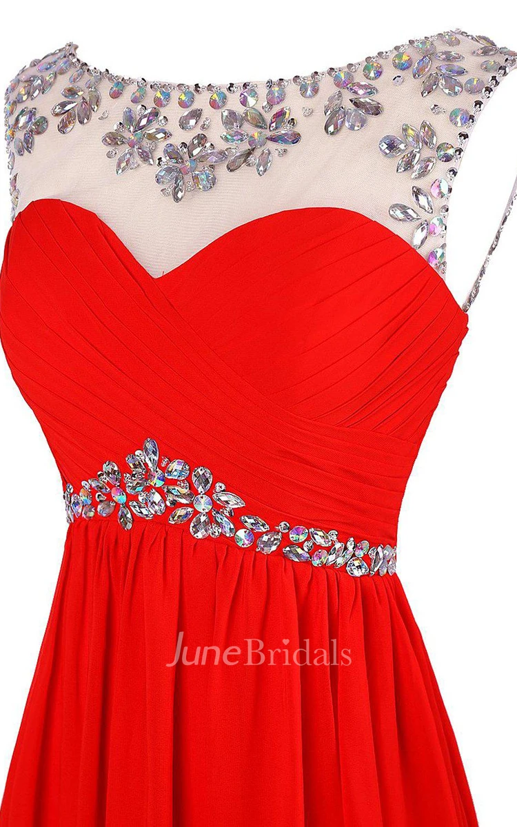 Cap-sleeved Chiffon Gown With Beaded Neckline