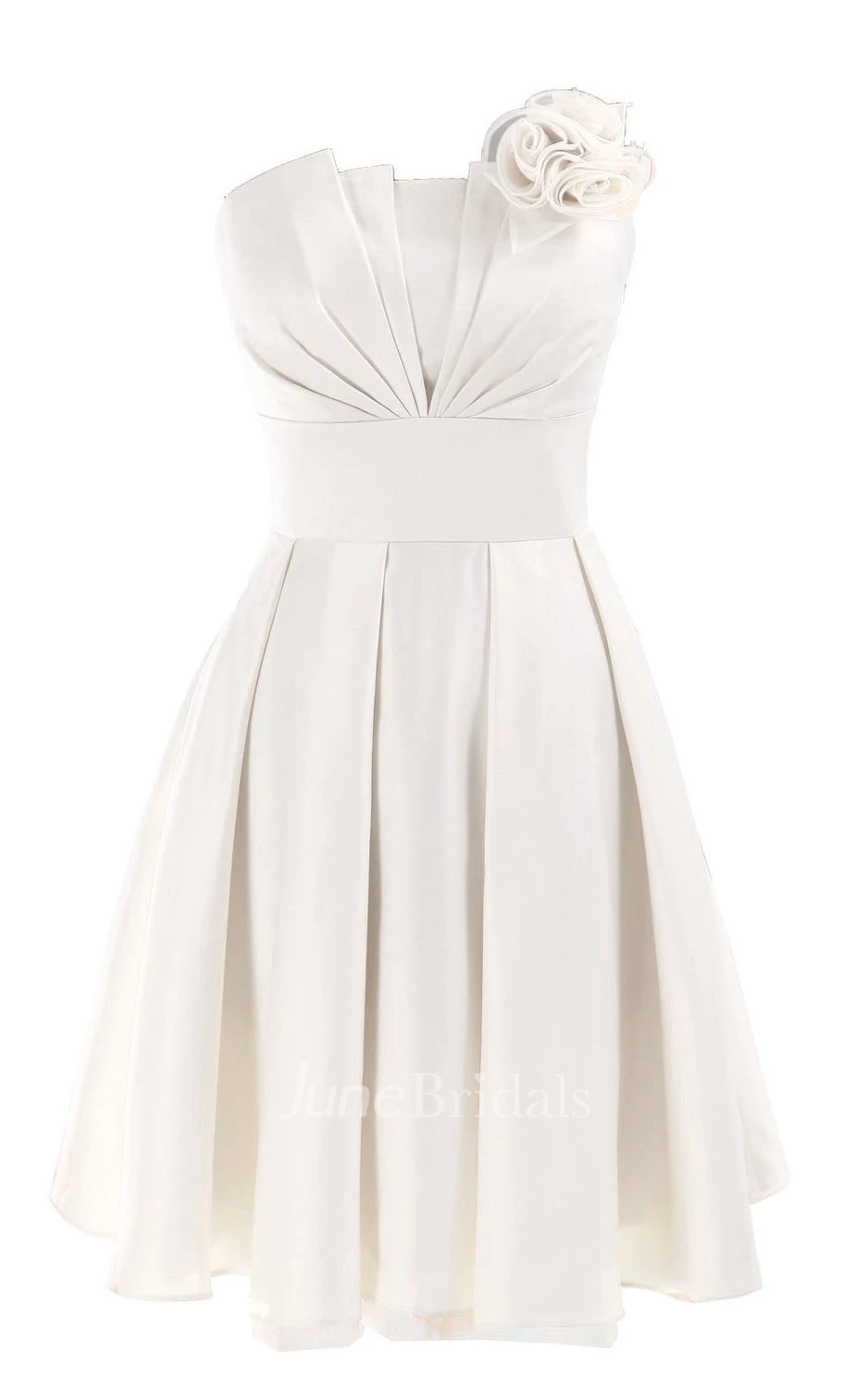 Strapless Appliqued Ruched Bodice Short Pleated Satin Dress