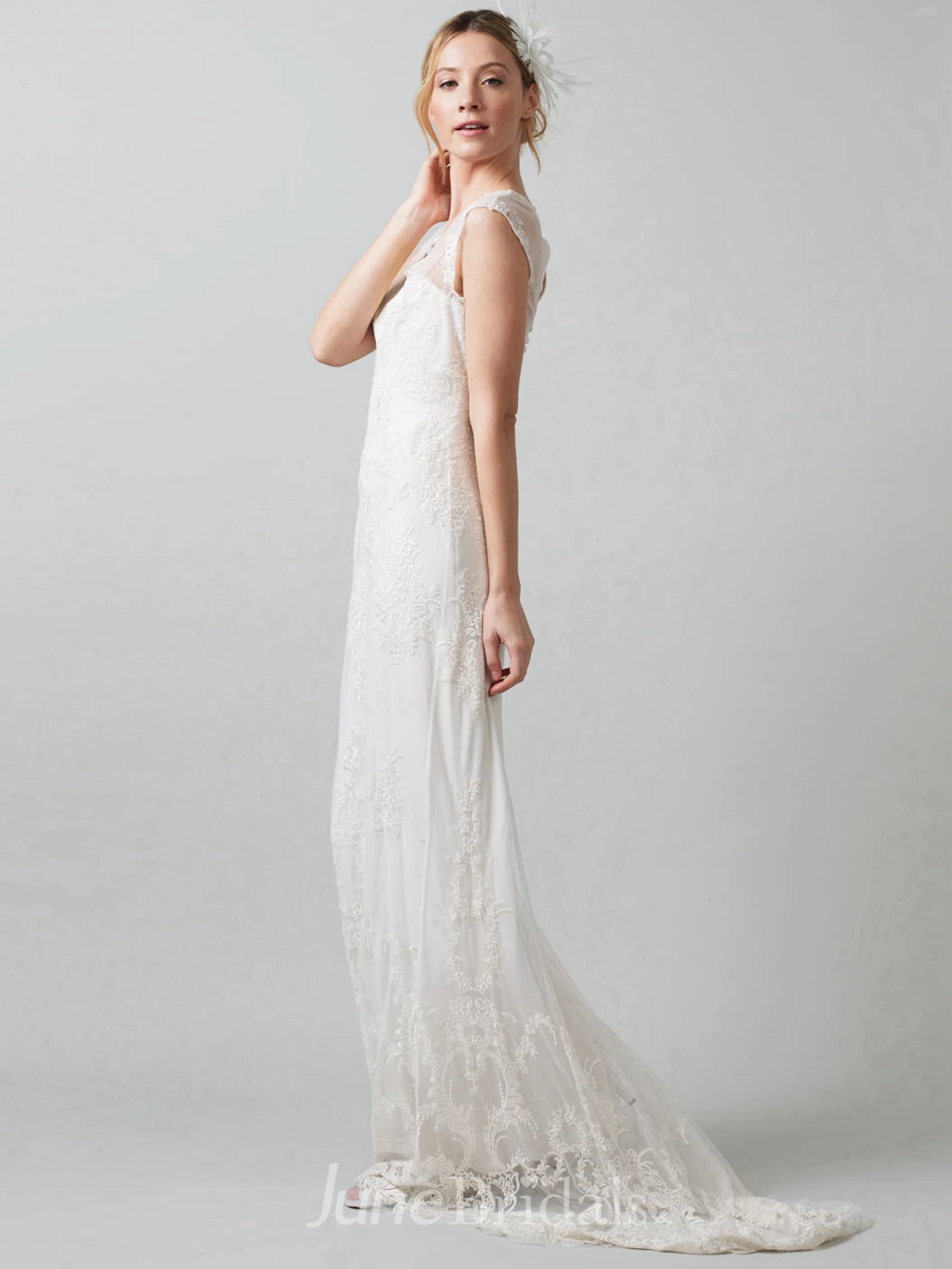 Sheath V-Neck Sleeveless Floor-Length Lace&Tulle Wedding Dress With Appliques And Illusion