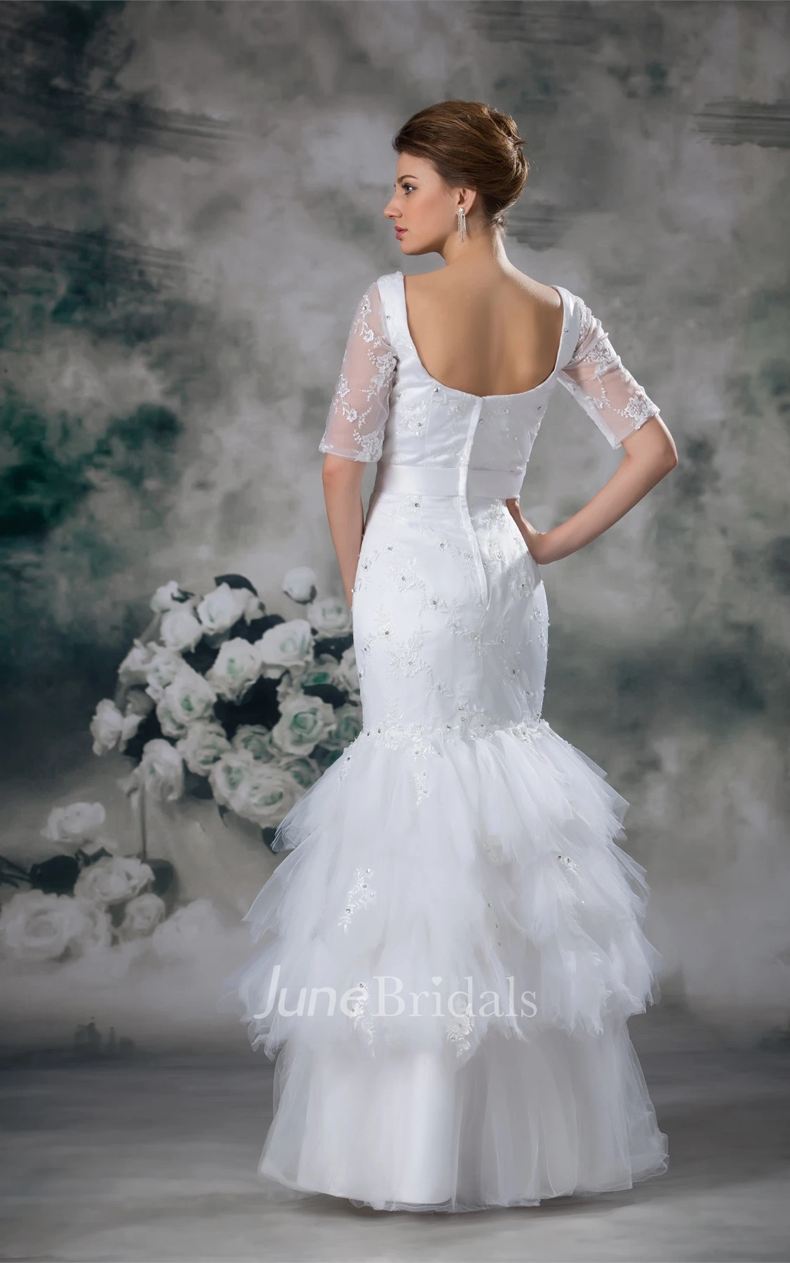 square-neck mermaid half-sleeve dress with tiers and beading