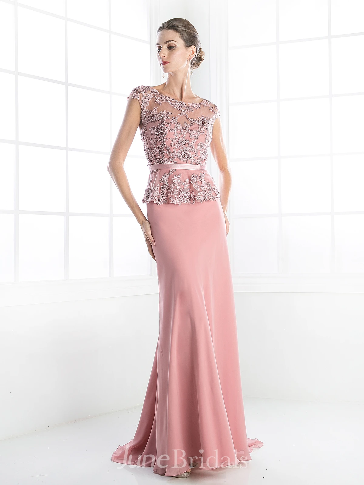 Column Peplum Jeweled Long Scoop-Neck Jersey Cap-Sleeve Illusion Dress