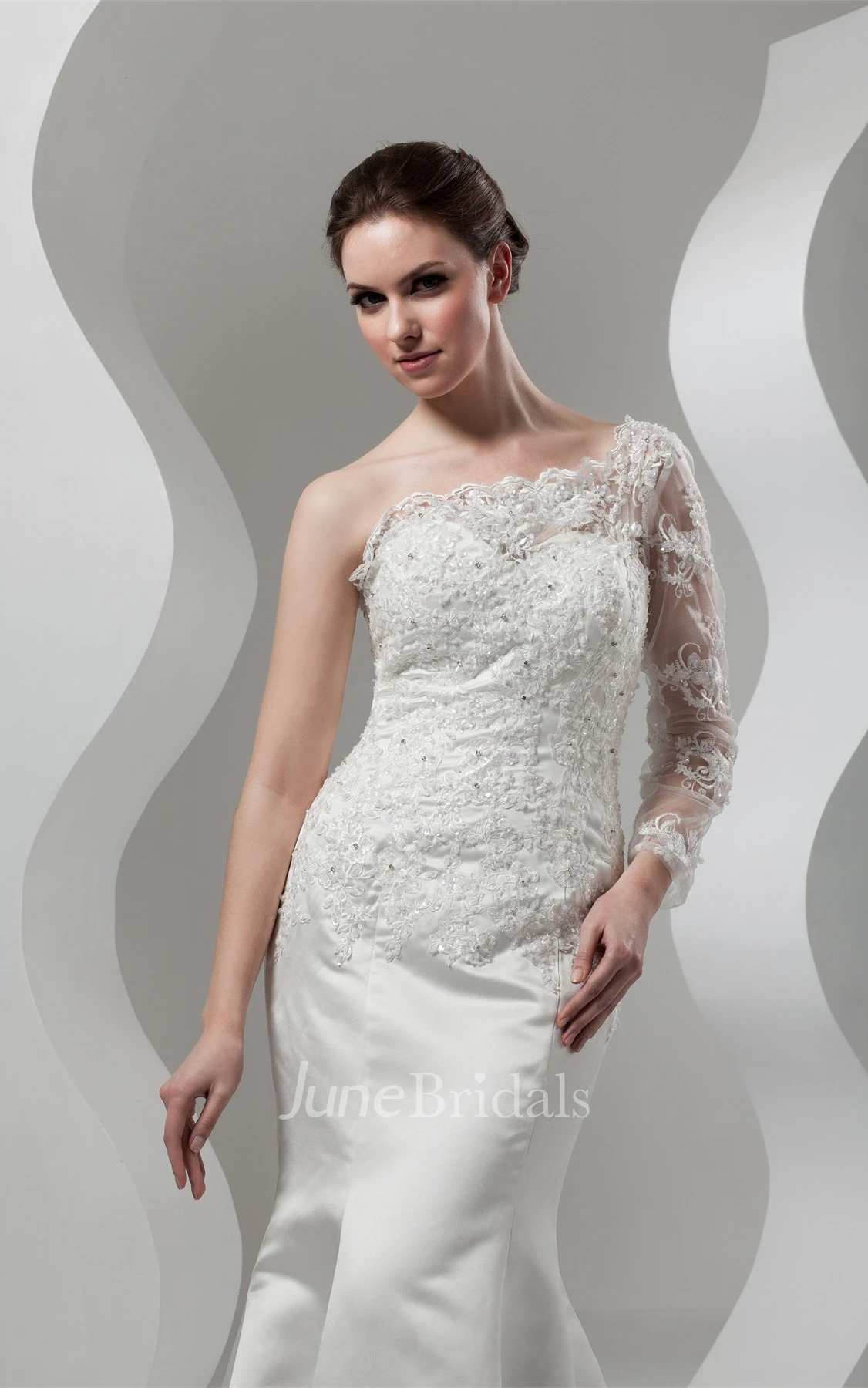 Asymmetrical Mermaid Appliqued Gown with Illusion One Sleeve