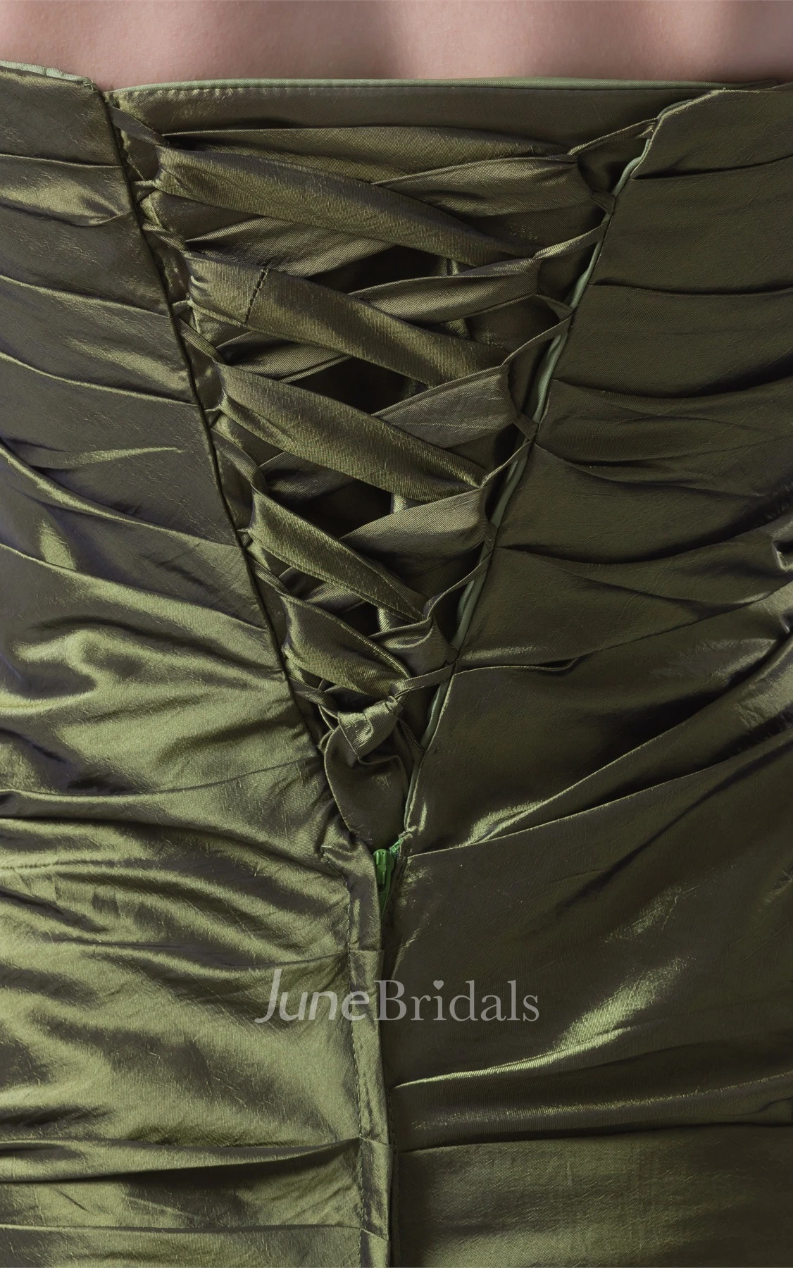 strapless ankle-length satin dress with ruched bodice and bow