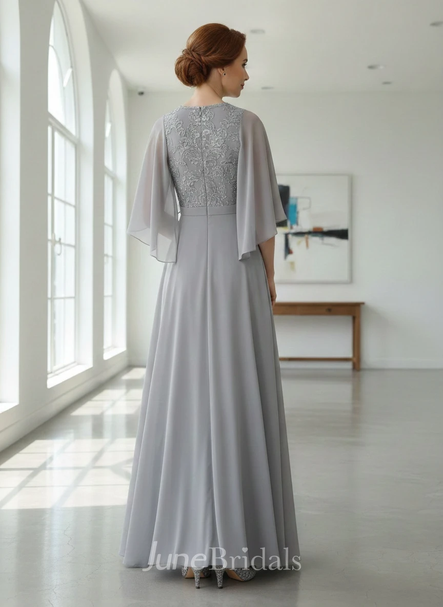 V-neck Elegant A-Line Floor-length Bat Sleeve Lace Appliques Mother of the Bride Dress