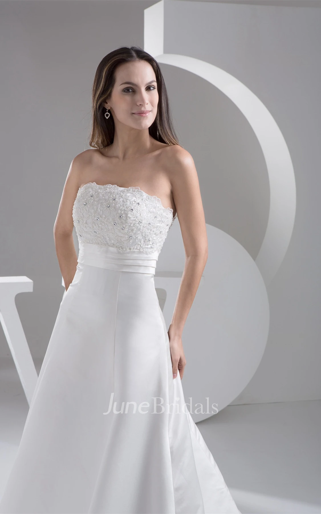 Strapless A-Line Gown with Lace and Ruching