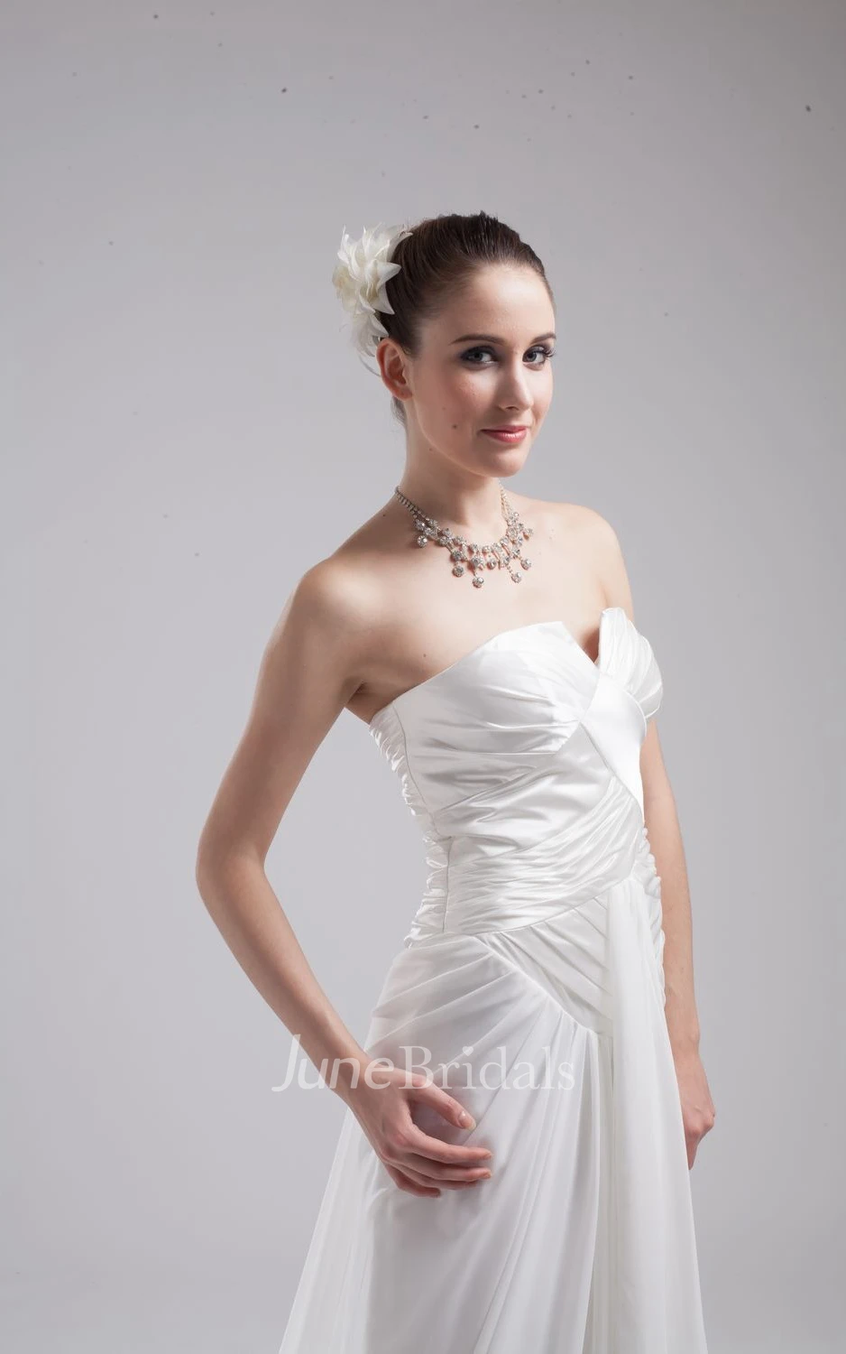 Strapless Notched Pleated Dress With Ruching and Brush Train
