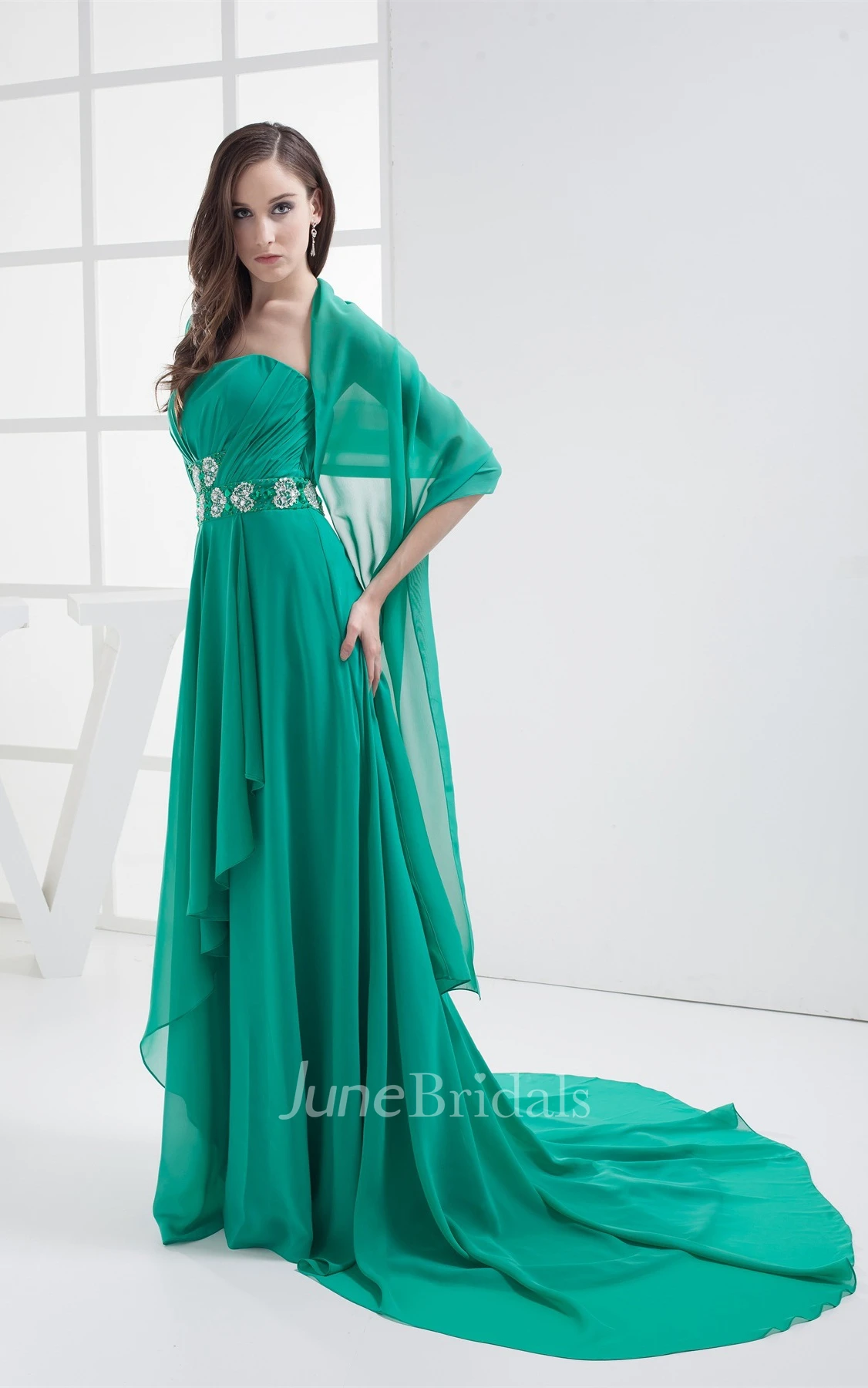 Side Draping Strapless Ruched Gown with Beaded Sash Detachable Cap Sleeve