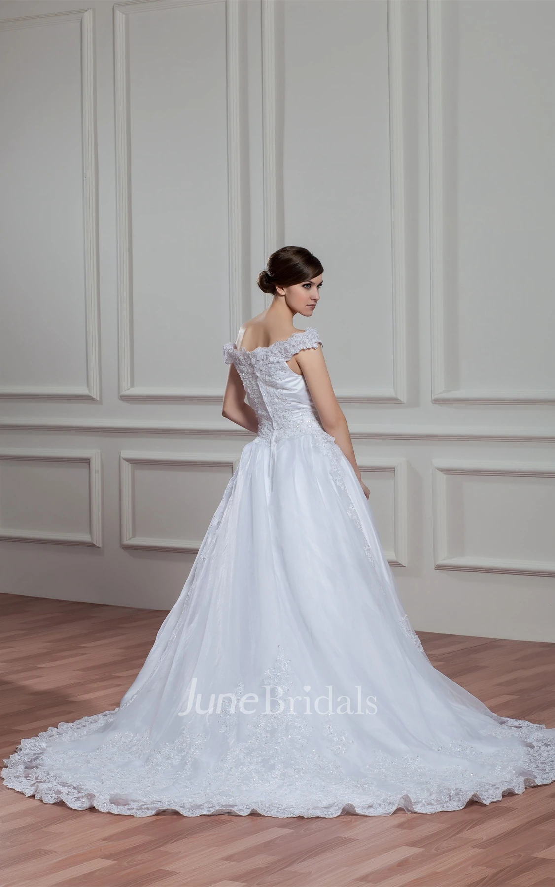 Off-The-Shoulder A-Line Appliqued Gown with Pleats