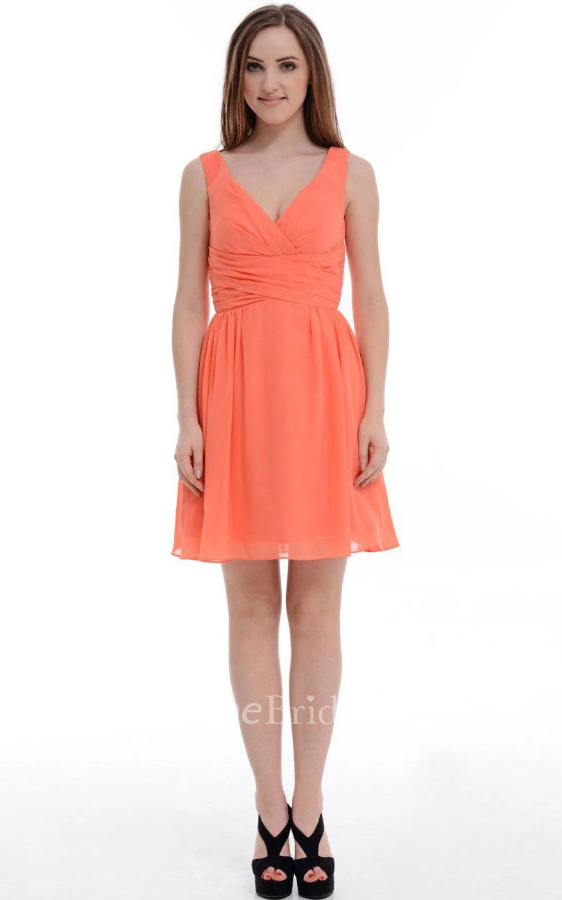 A-line Short Knee-length V-neck Chiffon Dress