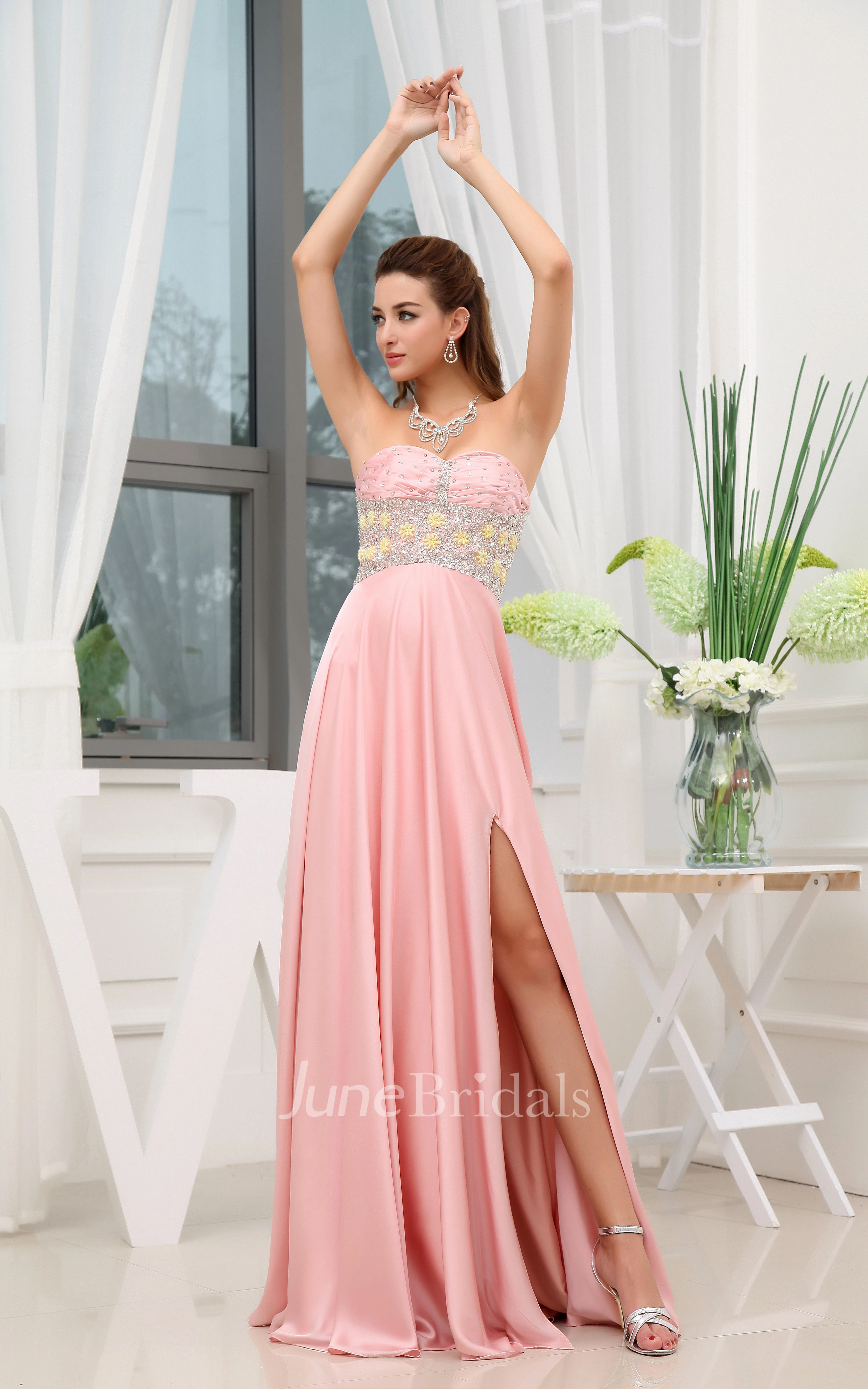 Adorable Strapless Front-Split Dress With Beaded Top