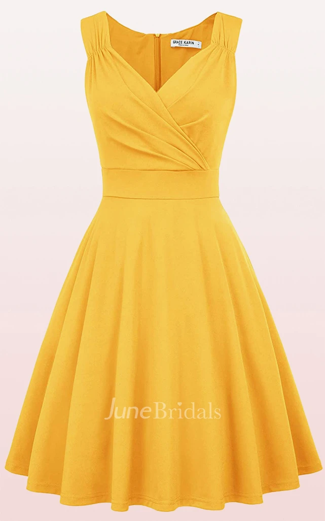 A Line V-neck Jersey Sleeveless Prom Cocktail Dress With Ruffles