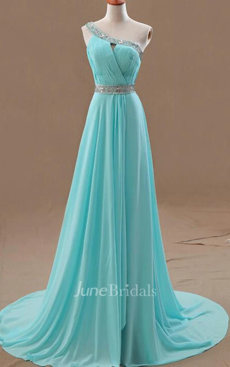 One-shoulder Long A-line Chiffon Wedding Dress With Ruching And Beading