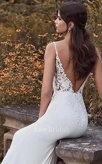 Mermaid Spaghetti Satin Winter Wedding Dress Casual Sexy Elegant Country With Open Back And Sleevesless And Appliques