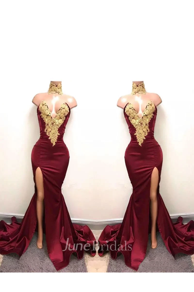 Taffeta Sexy Bodycon Notched Tall Women Sweep Brush Train Sleeveless Appliques Split Front Dress