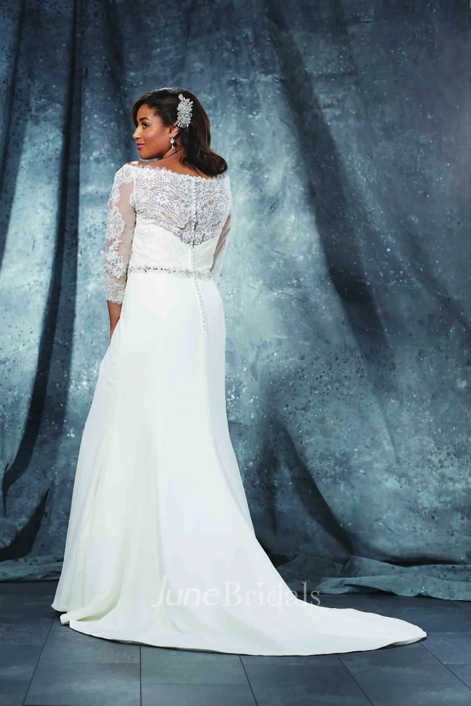 Trumpet Long Off-The-Shoulder 3-4-Sleeve Brush Train Illusion Waist Jewellery Dress