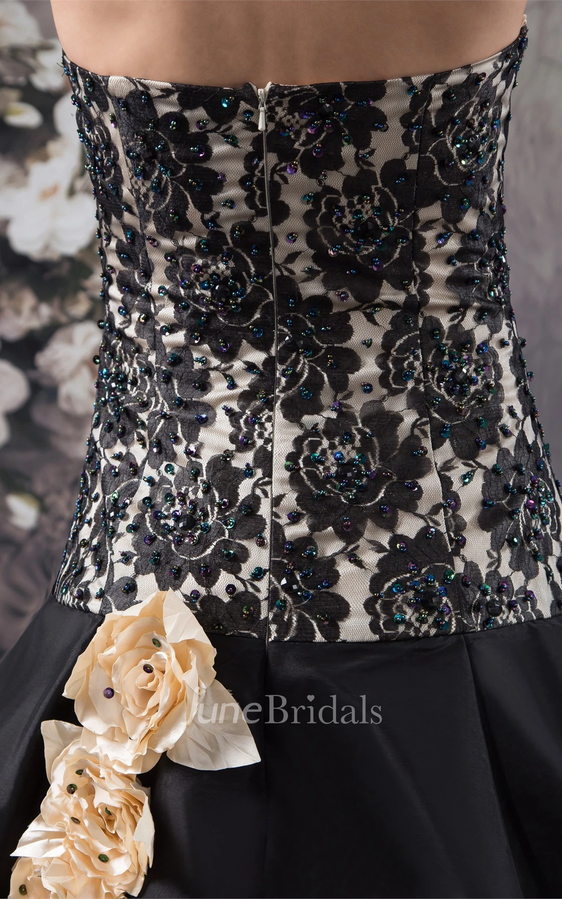 Strapless Front-Split Pick-Up Gown with Appliques and Flower