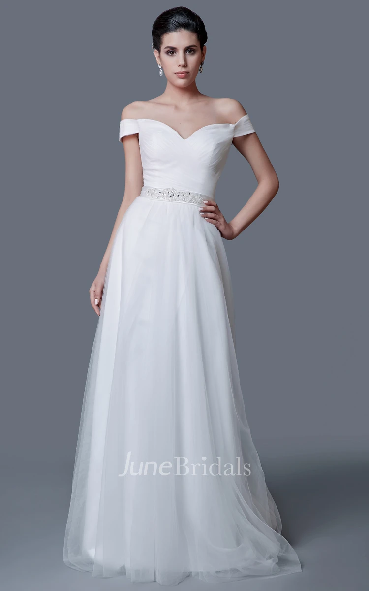 Elegant Off-the-shoulder A-line Tulle Dress With Low-V Back