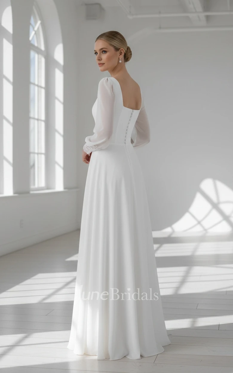 Simple Modest Classic A-line Long Poet Sleeve Satin Chiffon Spring Wedding Dress Modern Minimalist Sweetheart Floor Length Bridal Gown