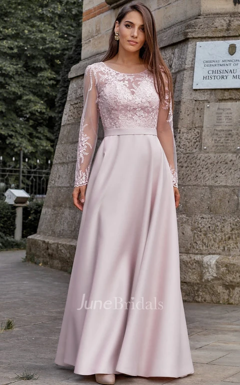 Elegant A Line Long Sleeve Lace Bateau Floor-length Guest Dress with Ruching
