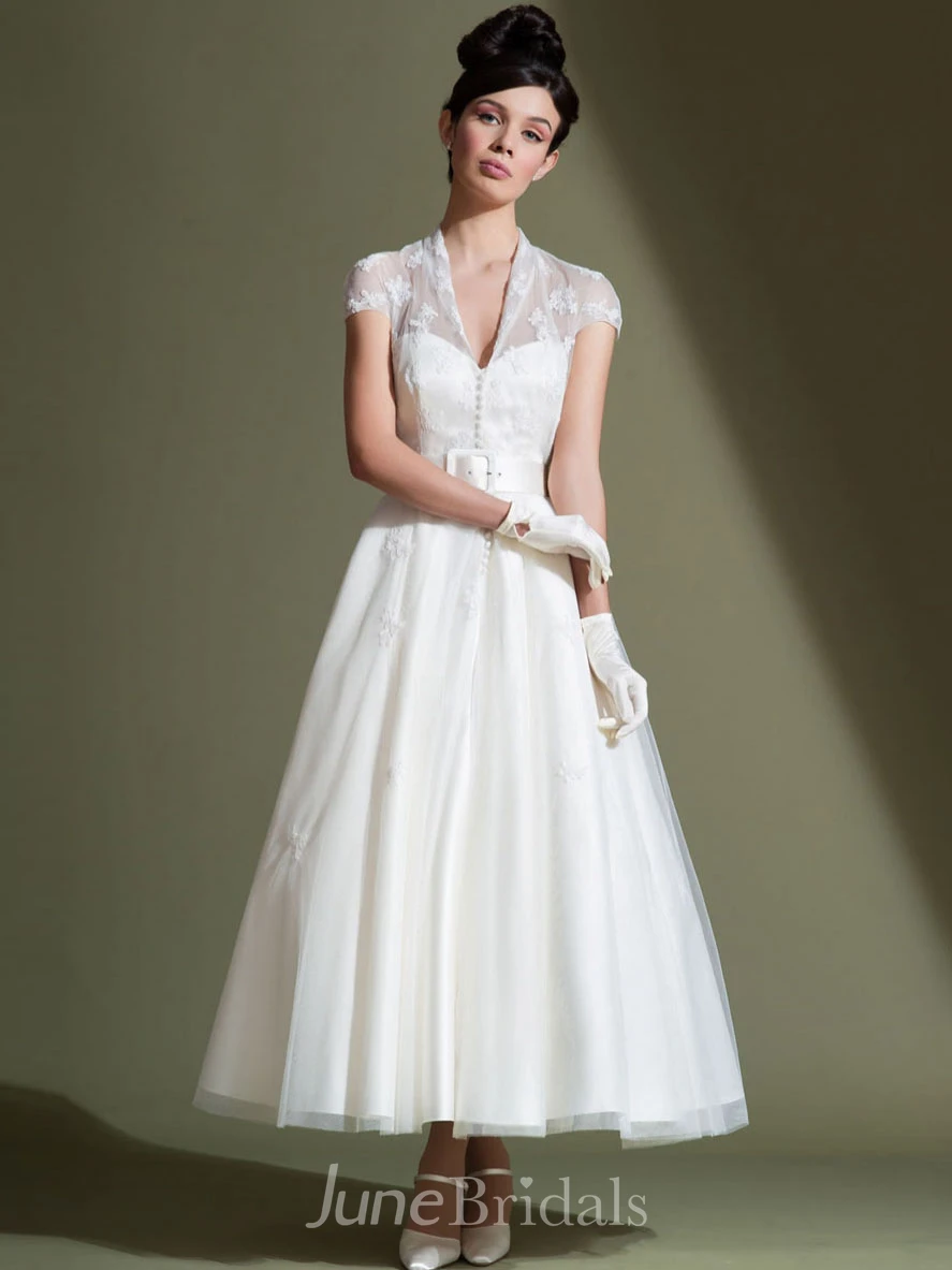 Ankle-Length A-Line V-Neck Cap Sleeve Appliqued Tulle Wedding Dress