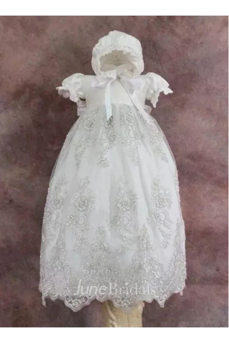 Cute Puff Sleeve Christening Gown With Lace Appliques