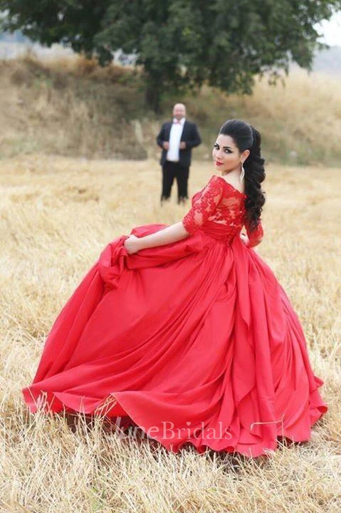 Modern Half Sleeve Red Wedding Dress Lace Sweep Train