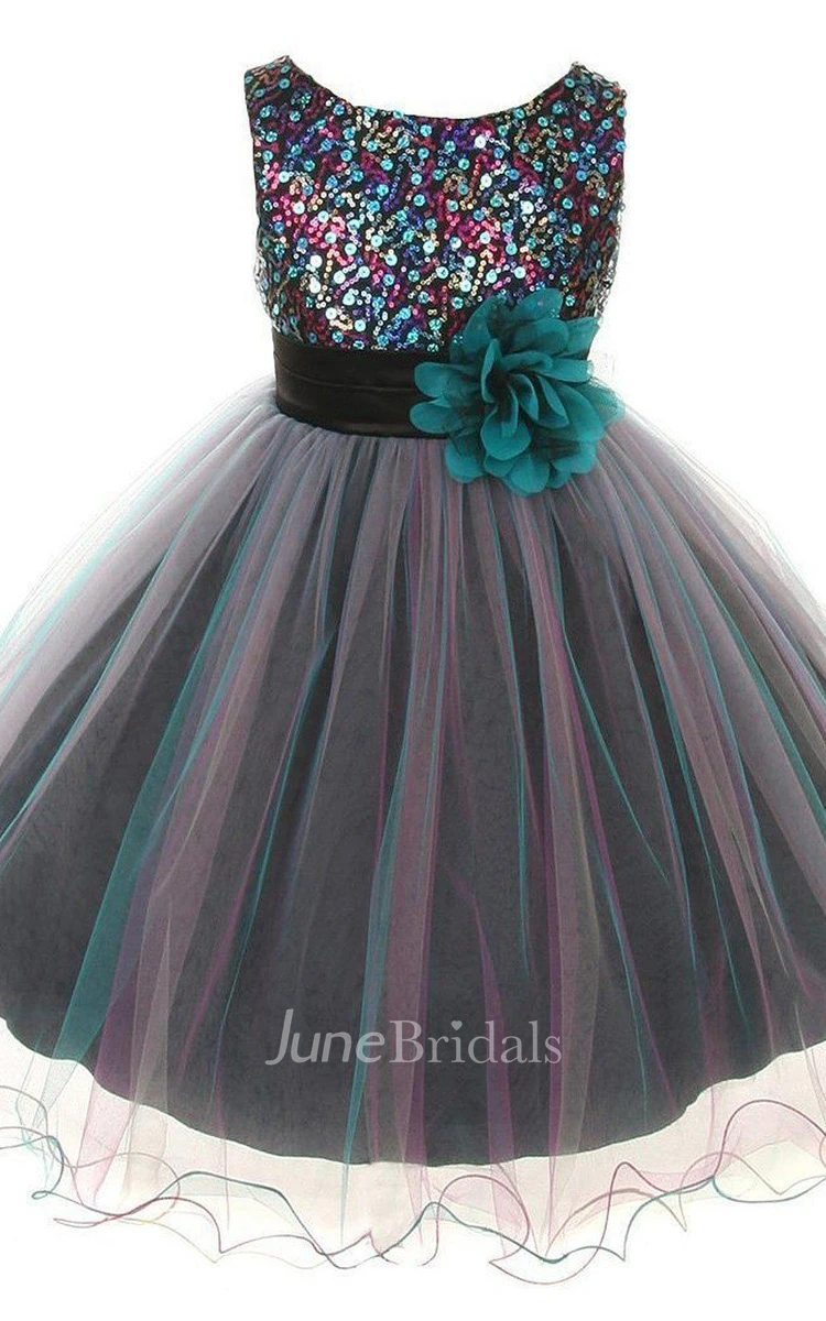 Sleeveless A-line Sequined Dress With Flower and Bow