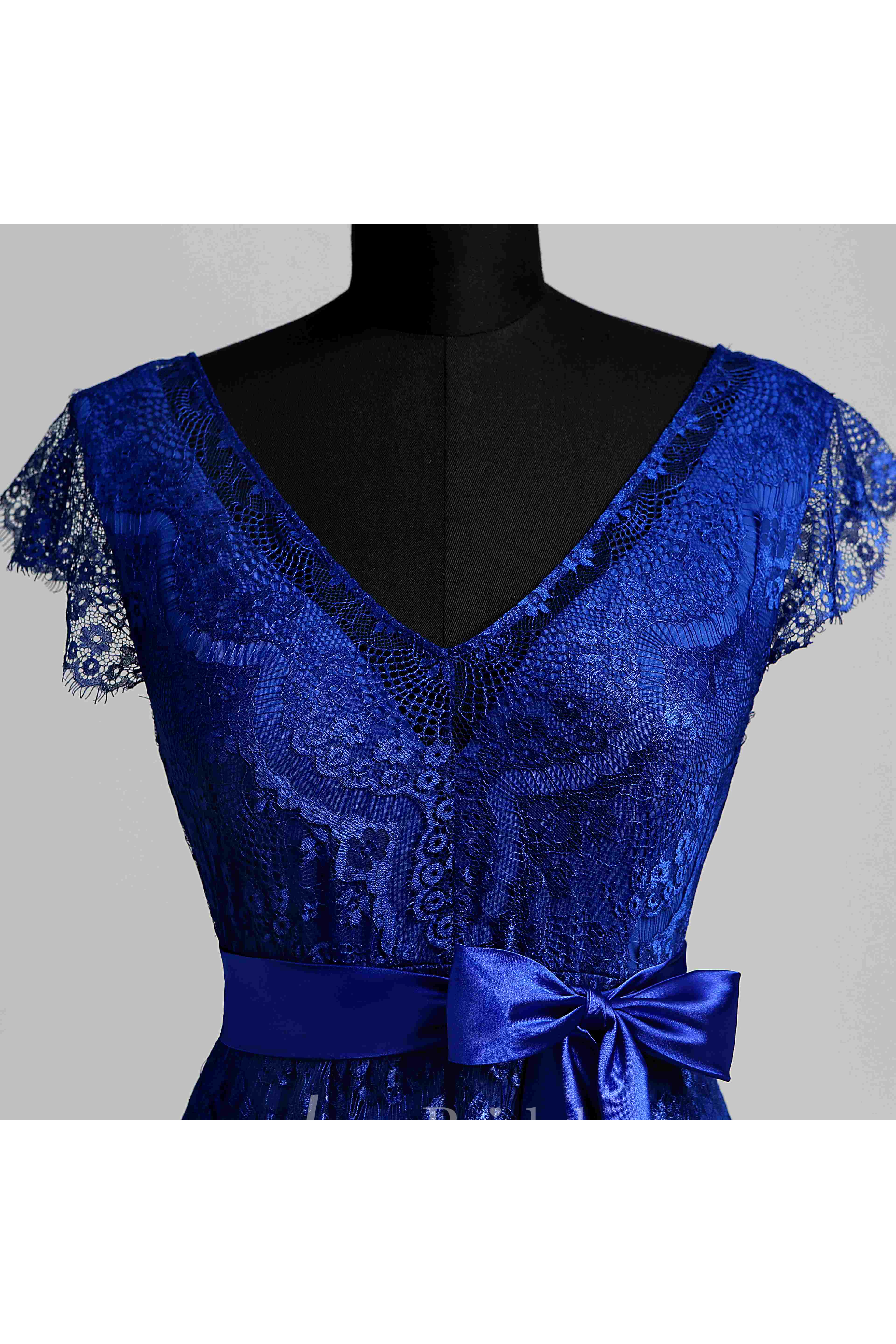 Floor-length A-line V-neck Cap Short Sleeve Low-V Back Lace Dress with Sweep/Brush Train